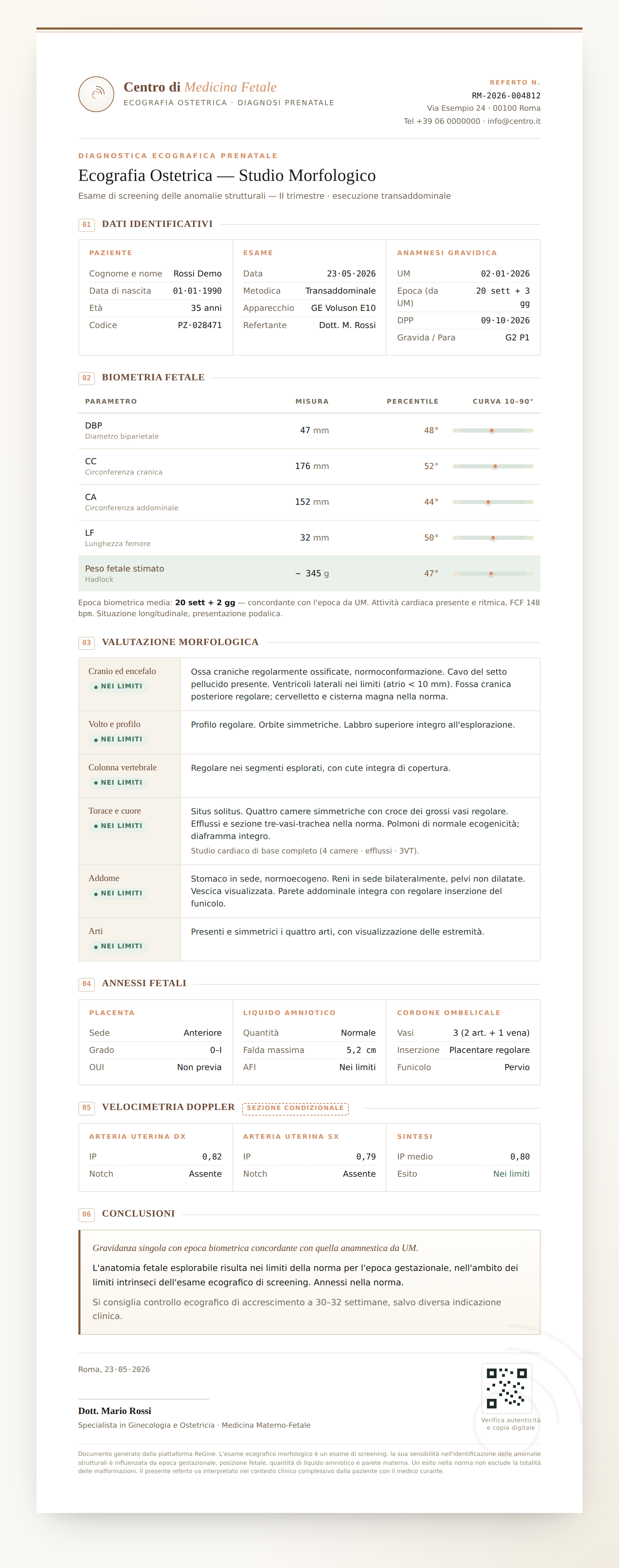 Esempio di referto ecografico morfologico con colori personalizzati dello studio