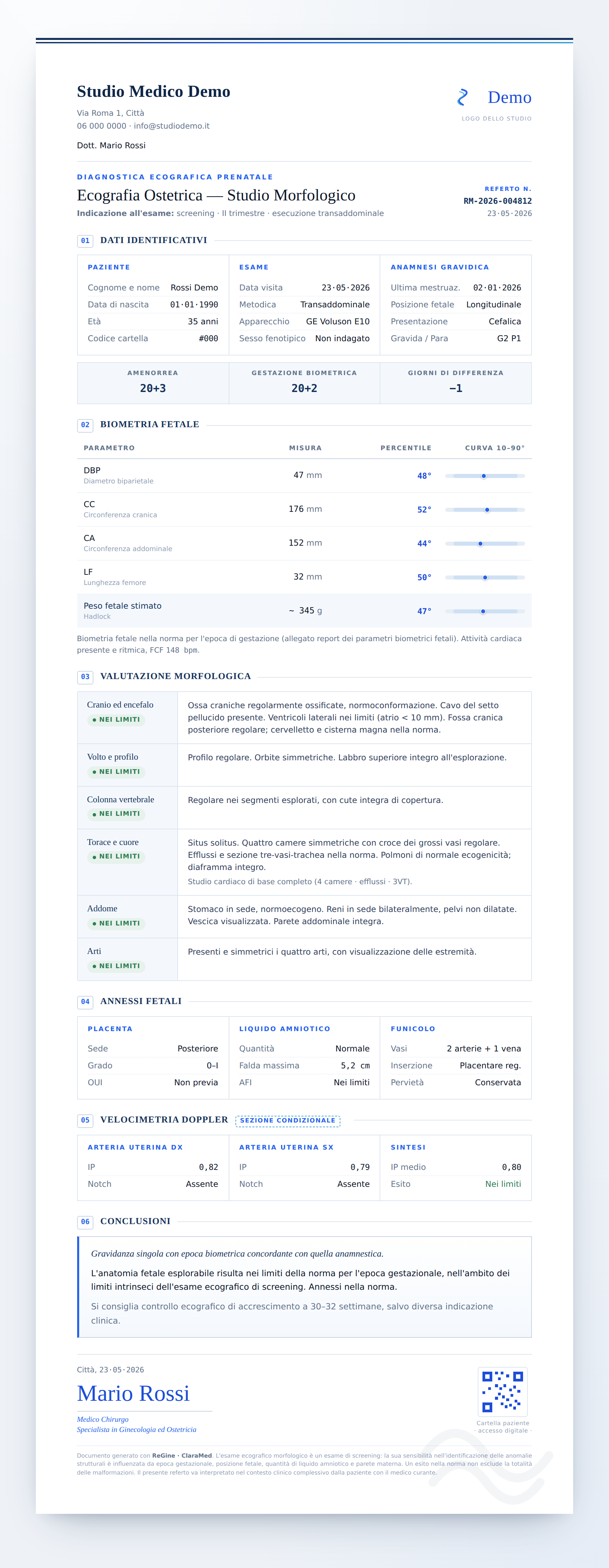 Esempio di referto ecografico morfologico con intestazione blu ClaraMed